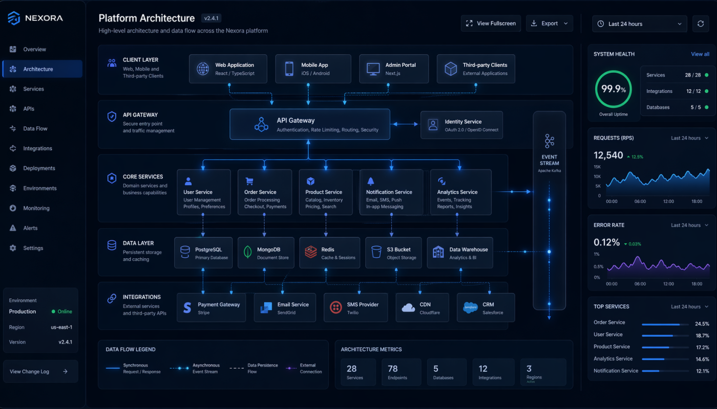 Nexora Platform Architecture diagram showing layered components from client apps to data and integrations with an API gateway and event stream.