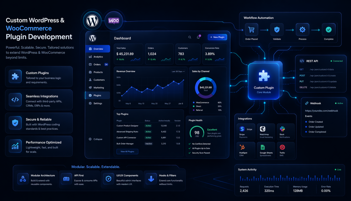 Dark dashboard illustration showing WordPress and WooCommerce plugin development with analytics widgets and a central Custom Plugin core module.