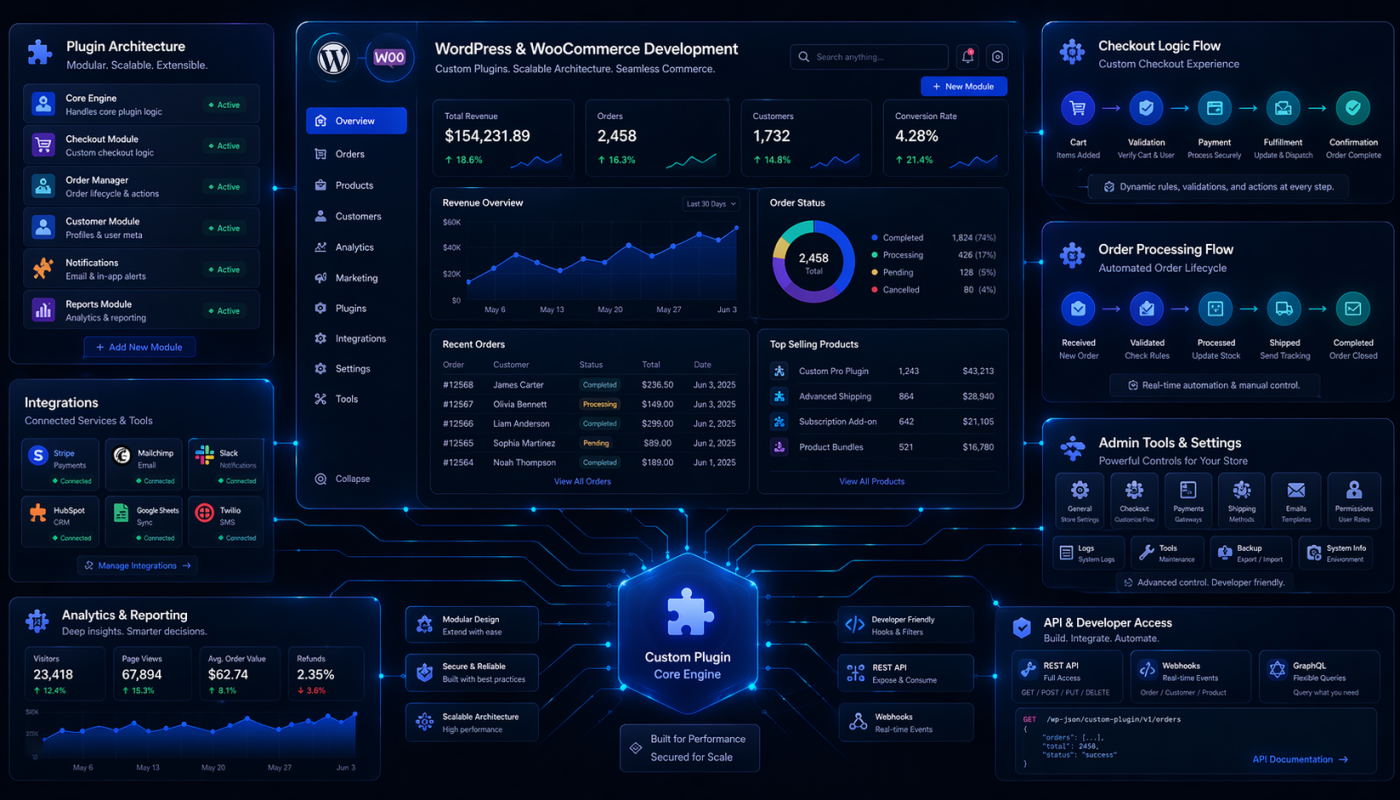 Neon dark dashboard of a WordPress/WooCommerce dev platform showing modules, charts, and status panels.