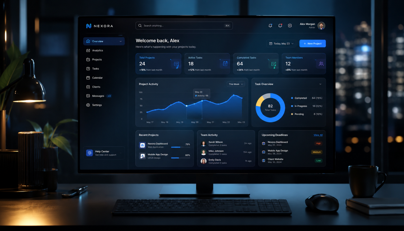 Dark computer dashboard on a large monitor showing project analytics, tasks, and team activity in a sleek UI.