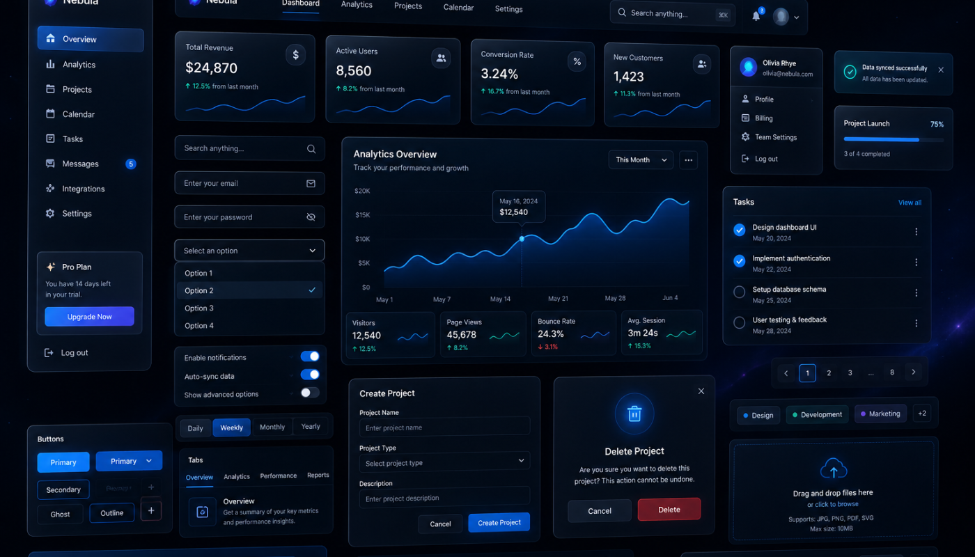 Dark futuristic analytics dashboard UI with multiple panels (revenue, active users, conversion, and charts) and a left navigation rail showing sections like Overview, Analytics, Projects, Tasks, Settings (Nebula theme).