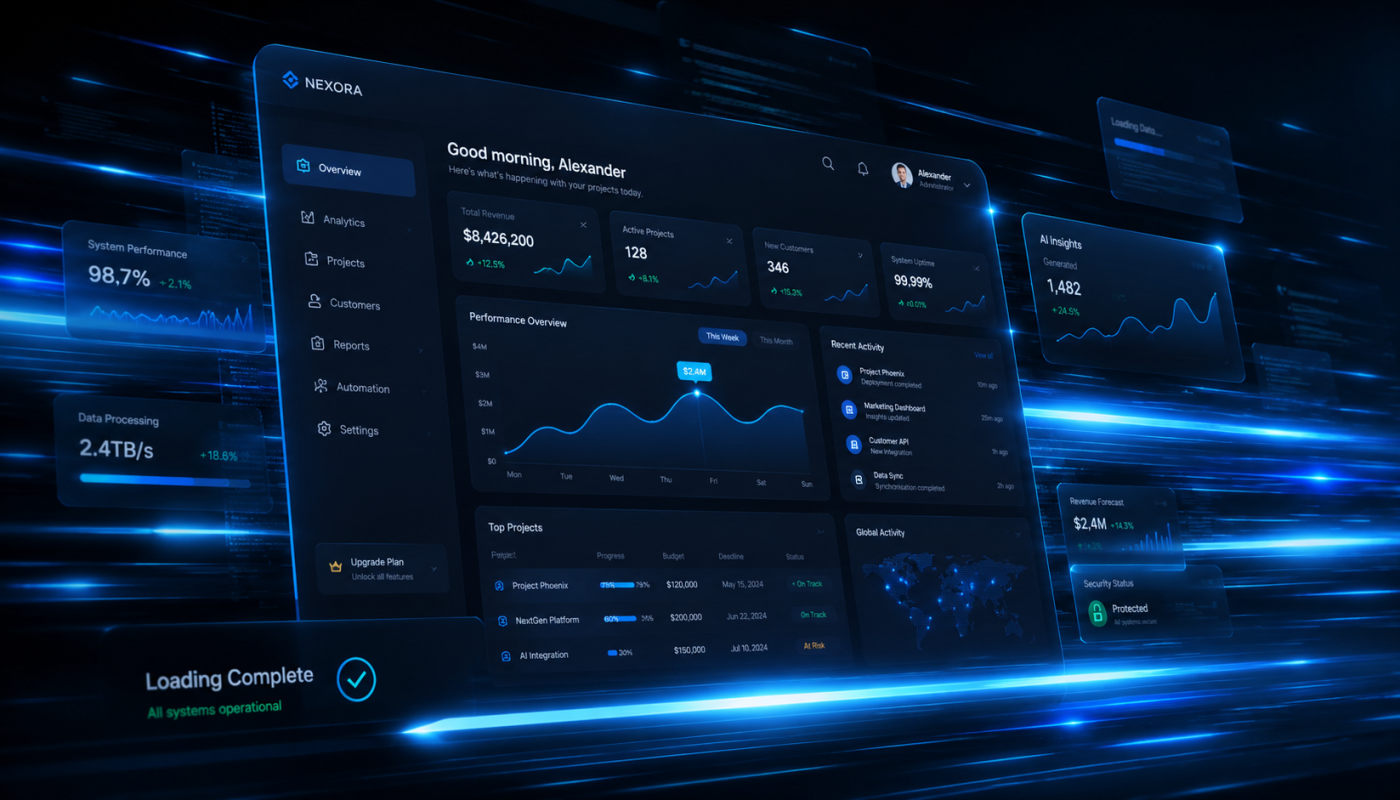 NEXORA dashboard with dark blue UI showing overview panels, metrics, and charts including performance, revenue, and active projects.