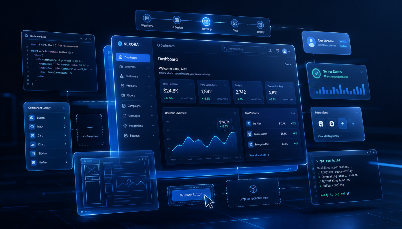 Futuristic dark-blue dashboard UI with floating panels showing charts, analytics, and a code editor snippet on the left.