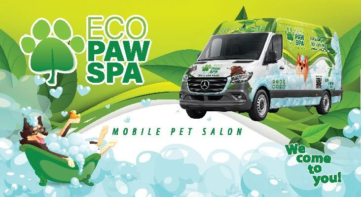 Promotional banner for Eco Paw Spa Mobile Pet Salon featuring a green van and a dog among bubbly waves, with the 'We come to you' slogan.