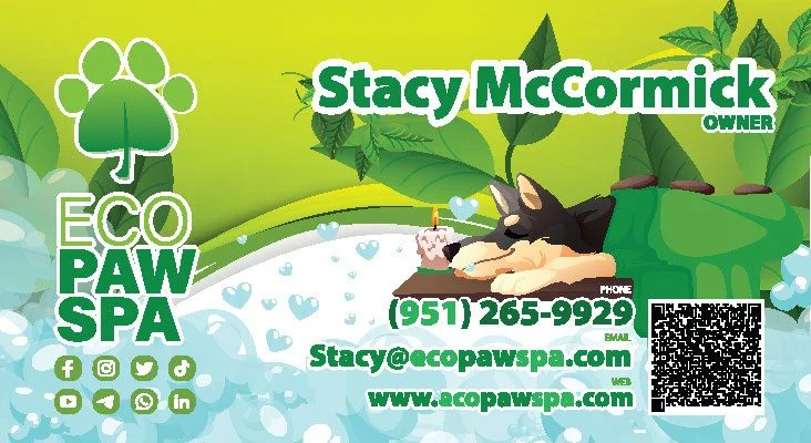Business card for Eco Paw Spa featuring a sleeping dog in a bath, Stacy McCormick owner, phone (951) 265-9929, email Stacy@ecopawspa.com, website www.ecopawspa.com, and a QR code.