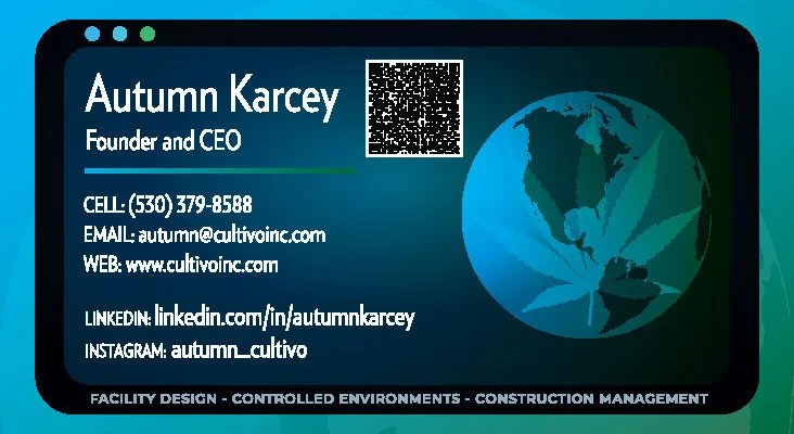 Professional business card for Autumn Karcey, Founder and CEO, featuring a QR code, blue globe icon, and contact details (phone, email, website, LinkedIn, Instagram) with a bottom company tagline.