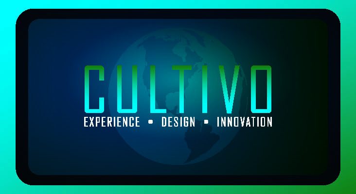 Cultivo brand logo on a dark blue globe background with the tagline 'EXPERIENCE · DESIGN · INNOVATION' at the bottom.