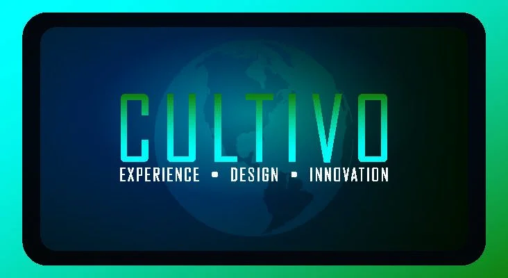 Cultivo brand logo on a dark blue globe background with the tagline 'EXPERIENCE · DESIGN · INNOVATION' at the bottom.