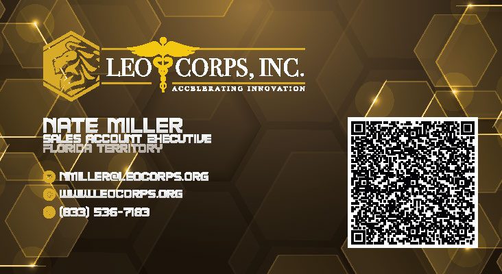 Gold-toned business-card style graphic with Leo Corps, Inc. logo; contact info for Nate Miller, Sales Account Executive, Florida Territory, and a QR code on the right.