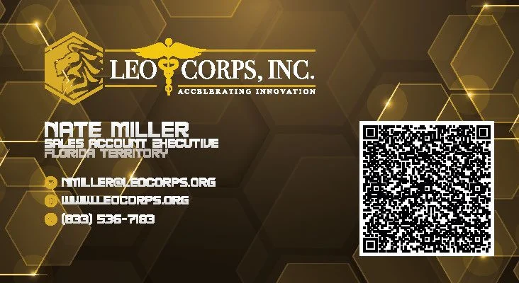 Gold-toned business-card style graphic with Leo Corps, Inc. logo; contact info for Nate Miller, Sales Account Executive, Florida Territory, and a QR code on the right.