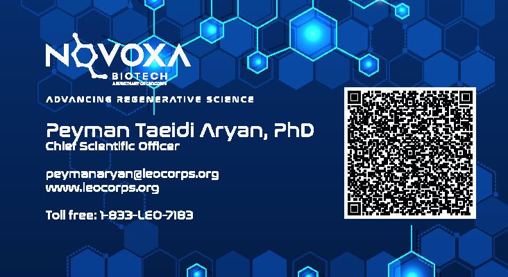 Blue hex-pattern biotech business card for Peyman Taeidi Aryan, PhD, Chief Scientific Officer, with contact email peymanaryan@leocorps.org, website www.leocorps.org, toll-free 1-833-LEO-7103, and a QR code on the right.