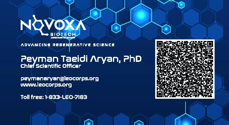 Blue hex-pattern biotech business card for Peyman Taeidi Aryan, PhD, Chief Scientific Officer, with contact email peymanaryan@leocorps.org, website www.leocorps.org, toll-free 1-833-LEO-7103, and a QR code on the right.