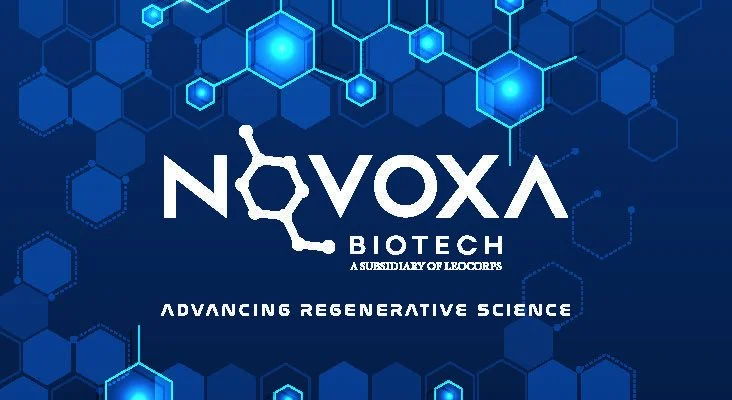 Logo for NovoVoxa Biotech on a blue hexagonal background with molecular design and the caption 'Advancing Regenerative Science'.