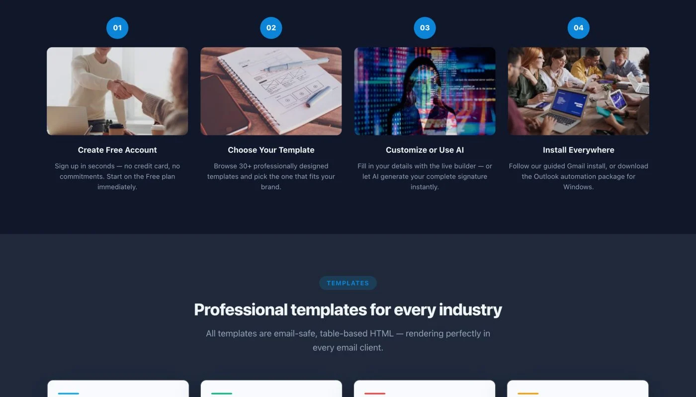 Dark, marketing landing hero with the headline 'Make Every Email End With Impact' and a right-side mockup email window, logo in top left, navigation bar across the top.