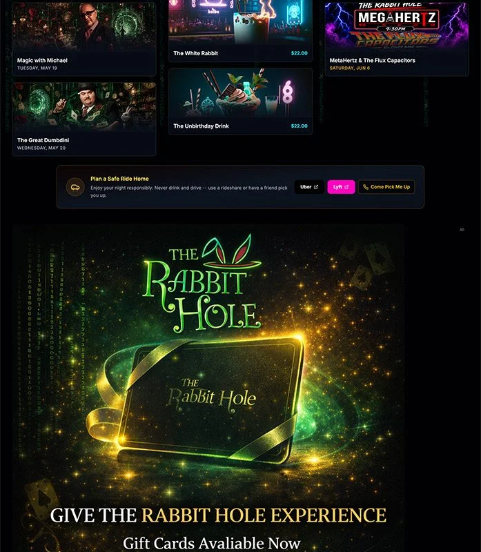 The Rabbit Hole Bar with neon bunny logo and event previews