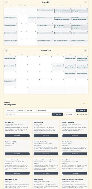 US Coin Events homepage mockup: signup panel for Coin Show Alerts and Free Notepad, a month-by-month calendar of upcoming coin shows, a section of event cards titled 'Upcoming Events' with a search bar, and a dealer locator/footer.