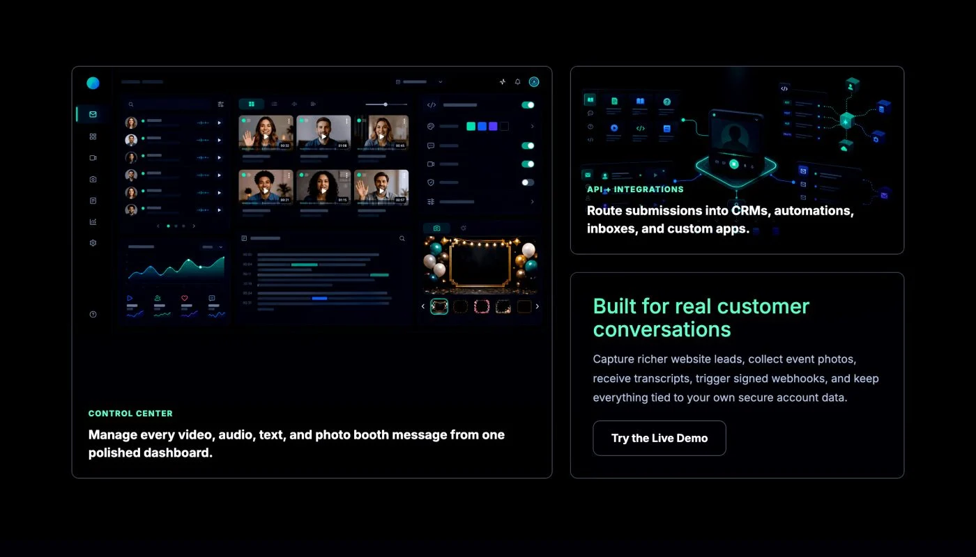 Dark landing-page hero showcasing a product for audio & video messages; large headline 'Let visitors send you audio & video messages' with blue action buttons and a person at a desk on the right.