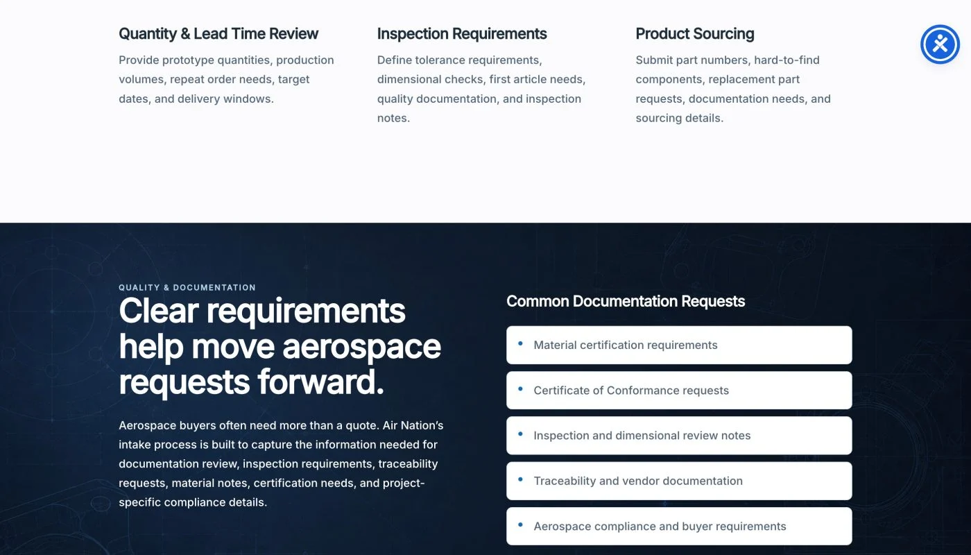 Air Nation homepage showing precision aerospace parts headline and hero image with fasteners, plus navigation links and CTAs.