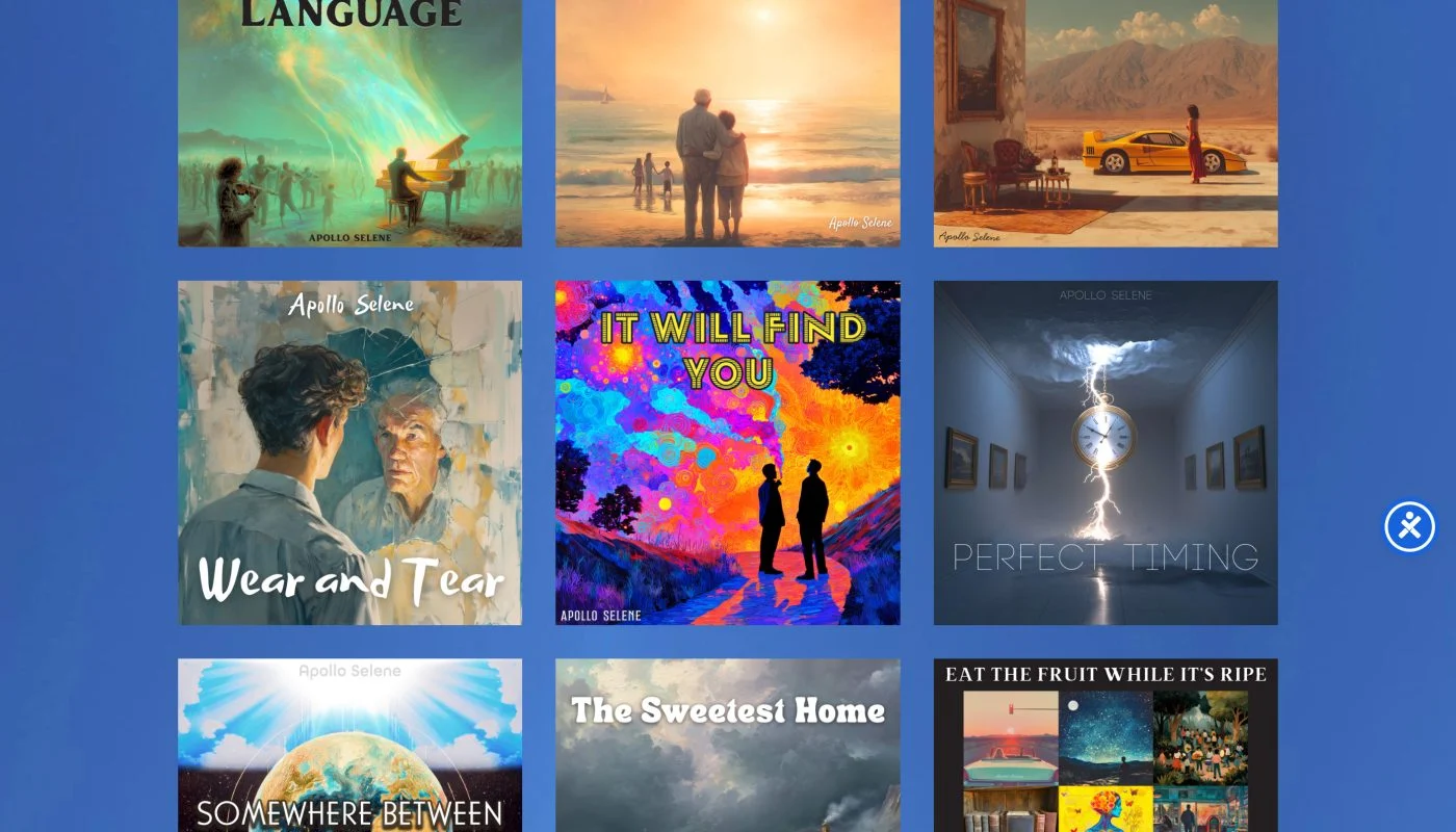 Tall blue webpage with a grid of colorful album covers under the header 'Music Tuner Shop The Orbit', plus a 'Shop' area and social links at the bottom.