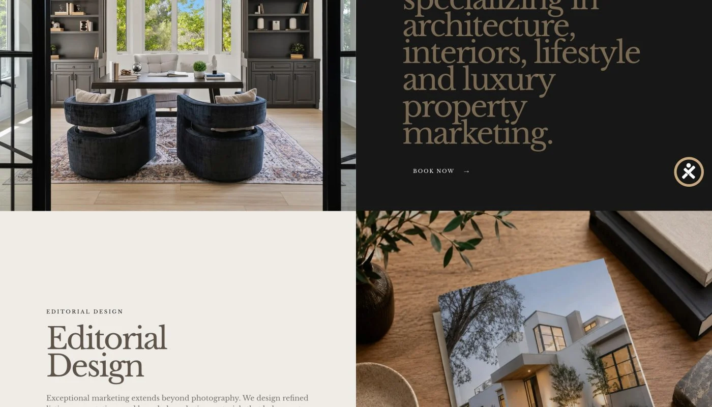 Homepage hero: 'Elevated visuals for exceptional properties' with architectural image and navigation bar at top.