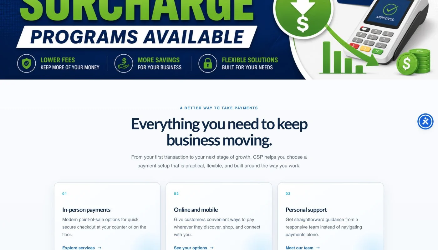 Hero banner for a payment solutions site: a man hands a card reader to a customer with the headline 'Make every payment feel effortless'.