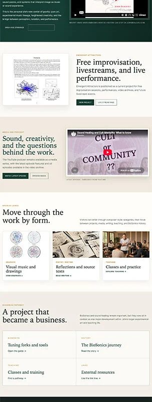 Homepage hero for John Beaulieu: dark green panel with the headline 'Sound as art, score, and living system,' a small artwork preview, followed by sections highlighting projects, scores, and music.
