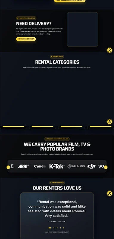 Dark LA Film Rentals landing page showing equipment rentals, categories, partners, a map, and testimonials in a long scrolling layout.
