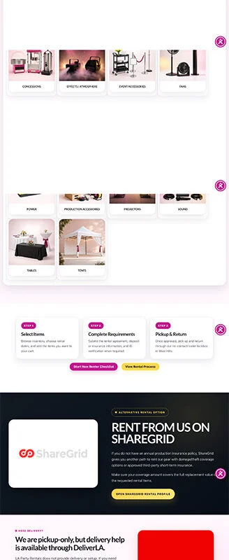 Homepage hero for LA Party Rentals with neon stage lighting and welcome card highlighting inventory and browsing options