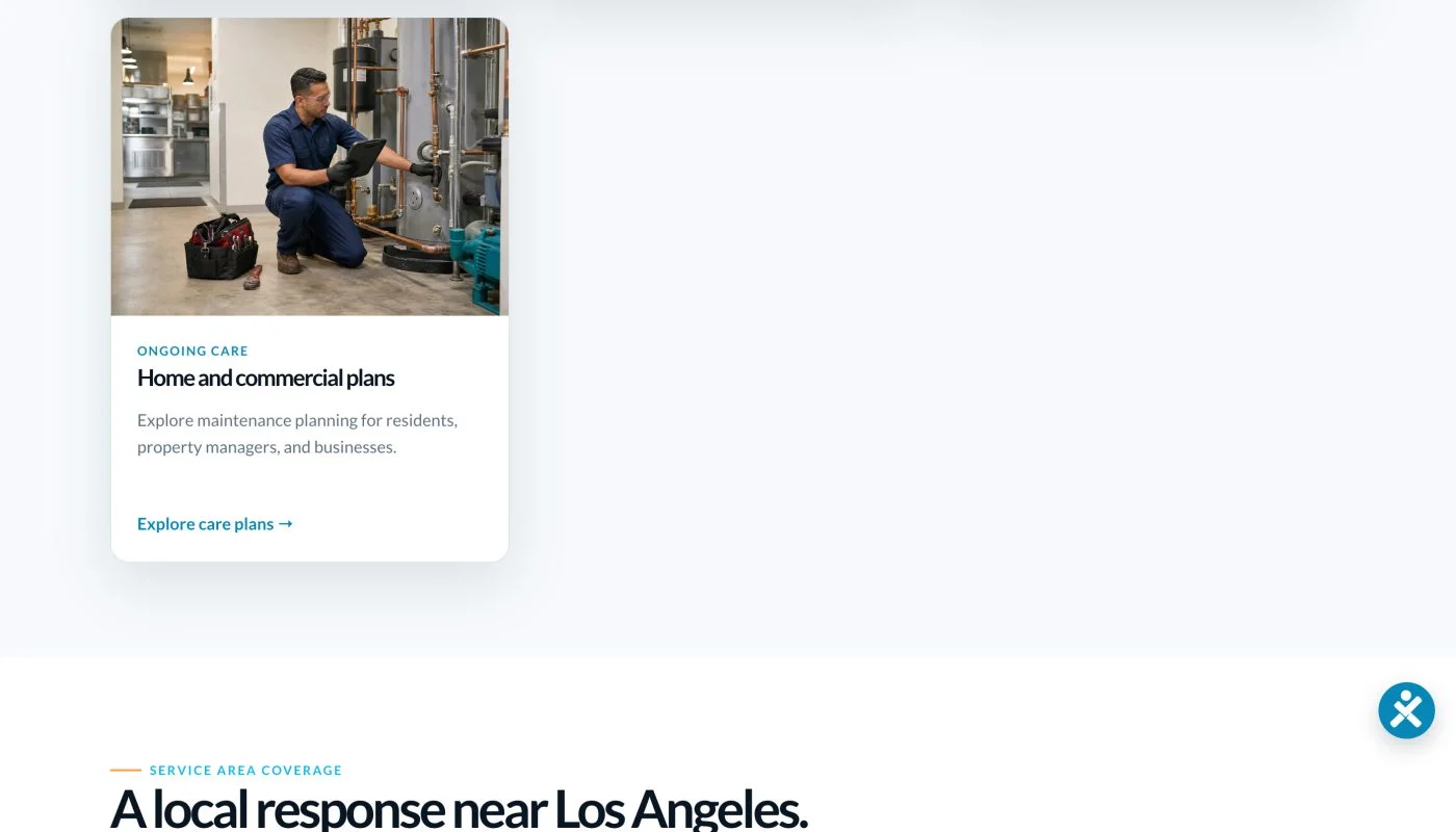 Emergency plumbing and sewer repair services homepage with a blue theme and hero banner emphasizing quick, clear solutions for urgent leaks and drainage issues.