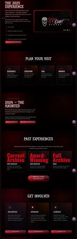 Dark themed Skullcraft Street event site announcing immersive Halloween experiences, with sections like The Curse Comes to the Front Yard and The Haunted Hedgemaze.