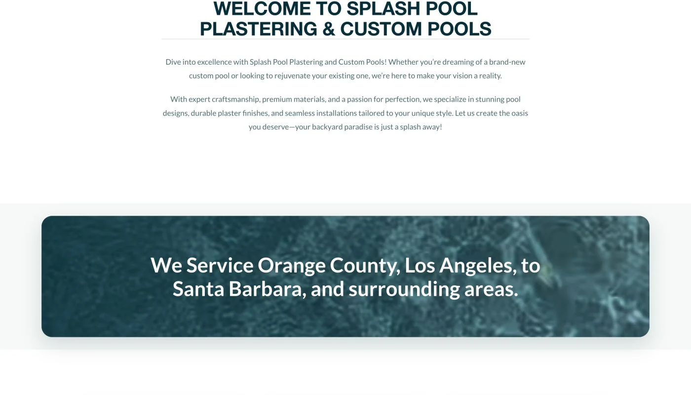 Hero banner showing a blue pool with rippling water and the headline “A better finish changes everything.”
