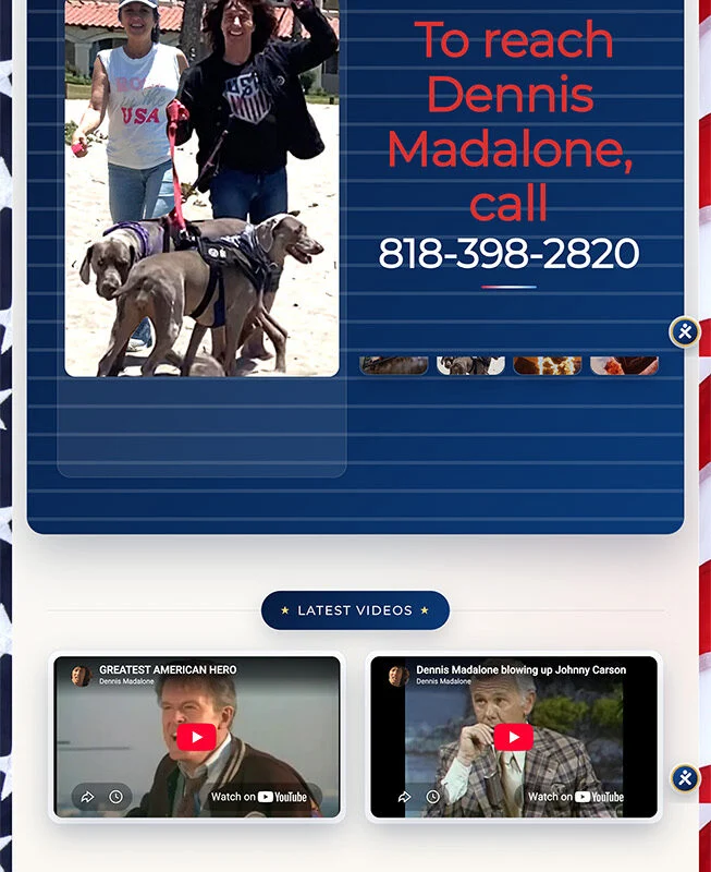 Homepage layout for America We Stand As One with a hero video banner and red/blue call-to-action buttons: 'Watch the music video' and 'Listen to the song'