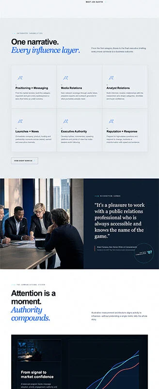 Hero section of a tech consulting site: a businessperson facing a glowing world map on a blue digital backdrop with the headline 'Make complex technology matter.'