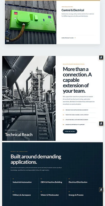 Hero banner for DAS Sales: industrial piping background with the headline 'The Technical Sales Force Behind Industrial Products' and a dark overlay, plus the site navigation at the top.