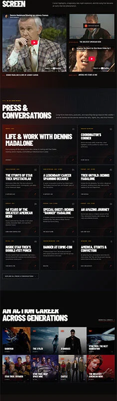 Dark, long-scroll portfolio page for stuntman Dennis 'Danger' Madalone with sections titled The Legacy Stunt Gallery, From Set to Screen, Press & Conversations, and more