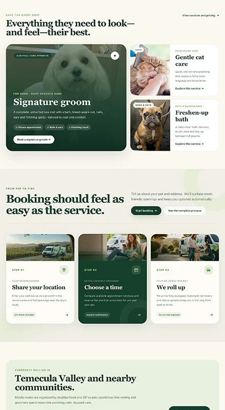 Homepage hero: a pet grooming service site with a green header and dog grooming van visible on the right, promoting at‑home spa day for pets.