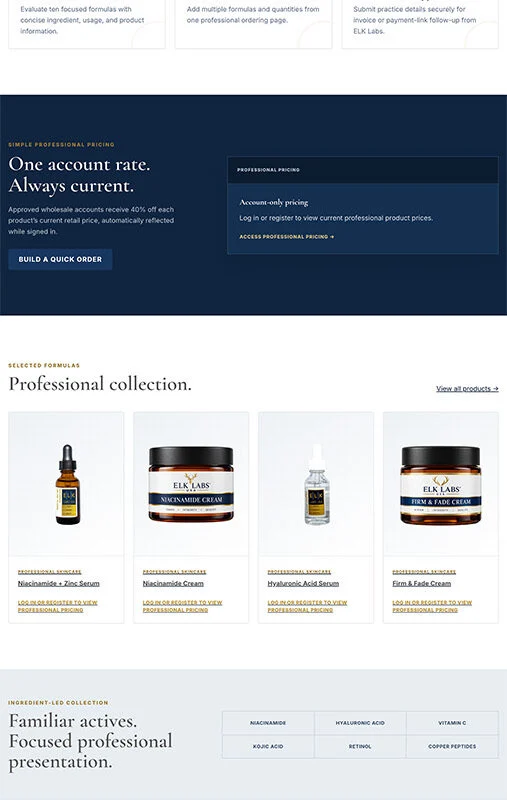 ELK Labs professional skincare homepage hero with product jars on the right and a 'Start a professional order' button.