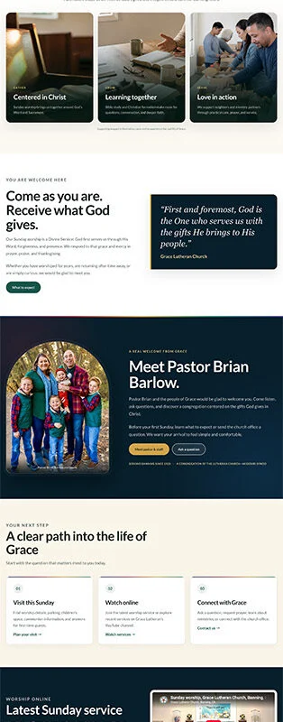 Grace Lutheran Church homepage with a welcoming hero: 'Rooted in grace. Welcoming you home.' and a navigation bar above.