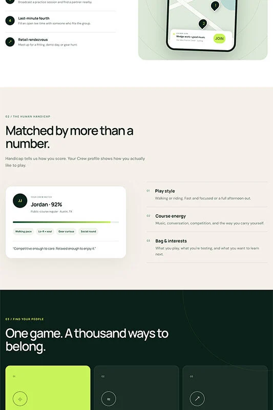 Hero banner showing a group of people on a golf course at sunset with a floating app card on the right and the headline 'Golf is better with your people' (design-focused, informative).