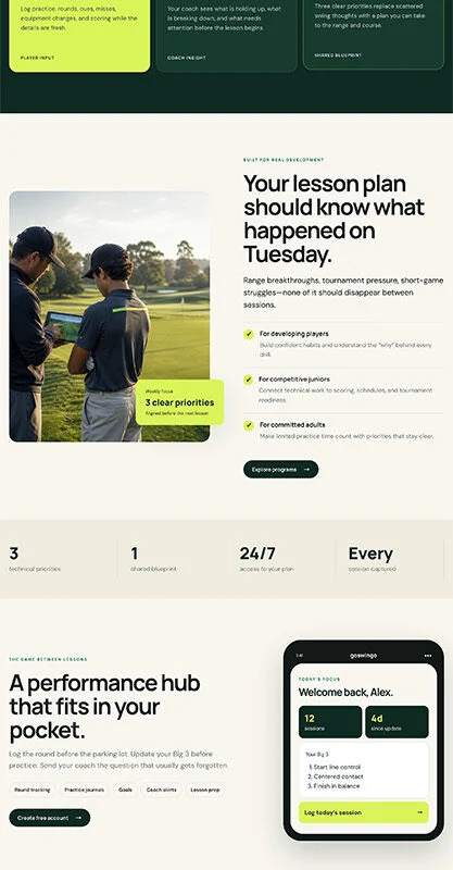 Hero banner of a GoSwingo landing page with a golfer swinging at sunset and the headline “Practice with purpose. Play with proof.”