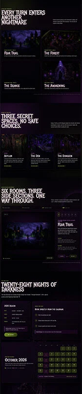 Long vertical screenshot of a dark, purple-themed game site for 'The Haunted Hedge Maze' with sections like 'The Maze is Awake' and 'Enter If You Dare' and various panels promoting gameplay and features.