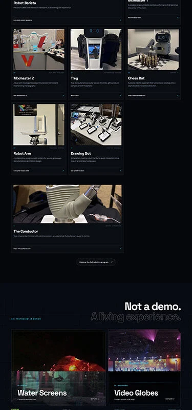 Dark tech website homepage hero with the headline 'The future just arrived' and floating project thumbnails, followed by a grid showcasing robotic technologies and case studies.