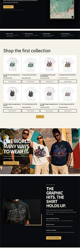 Homepage hero featuring three models wearing graphic tees against a dark tropical backdrop with the bold slogan 'Wear the energy. Own the room.' at the top of the page, set in a fashion brand banner.